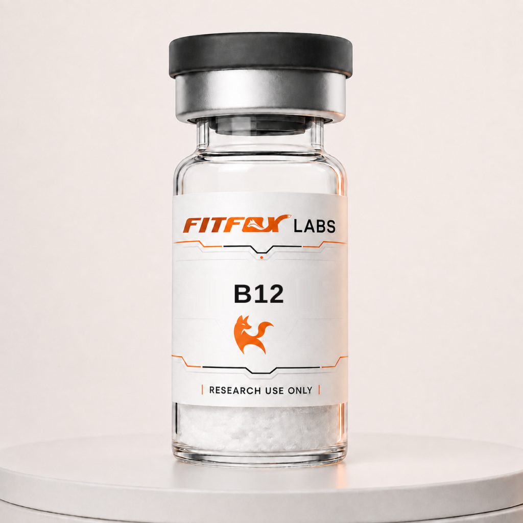 Vial labeled B12 from FITFOX LABS containing white crystalline powder, with 'Research Use Only' on the label.