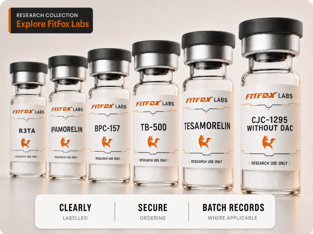 Row of six glass vials with black caps labeled FITFOX LABS, banner reads 'Research Collection: Explore FitFox Labs' in the top left corner.
