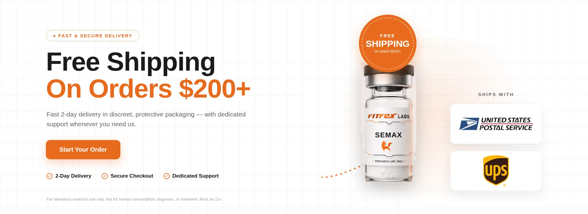 Promo banner announcing free shipping on orders over $200 with a syringe-like bottle on the right and shipping logos on the far right.