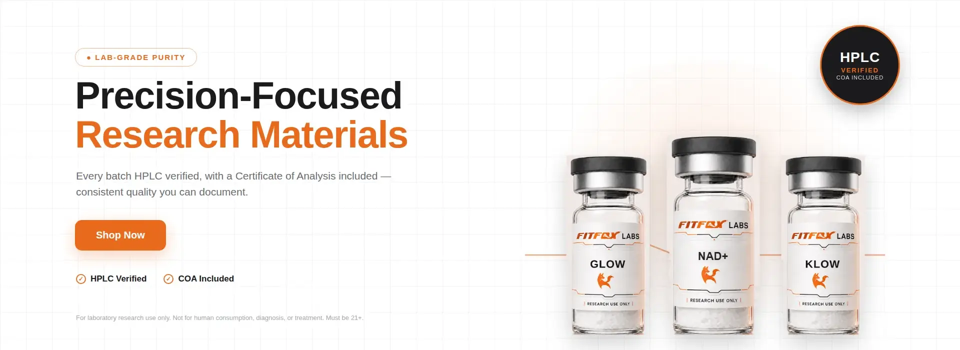 Hero banner featuring three FITFAY LABS vials labeled GLOW, NAD+, KLOW against a white grid background with an HPLC Verified badge in the corner, emphasizing precision research materials.
