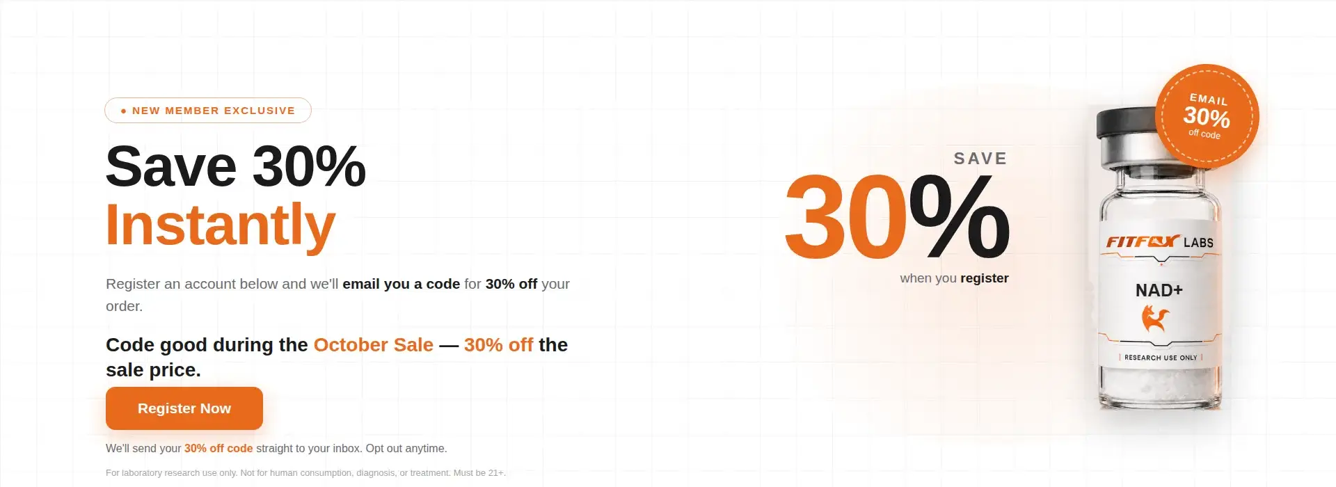 Promo banner offering 30% off instantly; includes a 'Register Now' button and a bottle on the right.