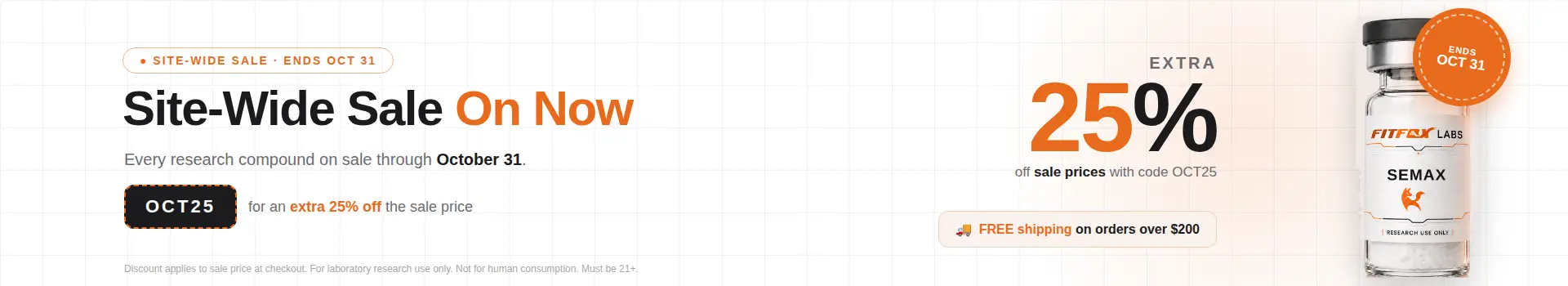 Banner announcing a site-wide sale with bold 'Site-Wide Sale On Now' and 'Ends Oct 31' details, plus a '25%' off offer on the right, and a bottle image on the far right.